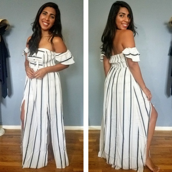 LAST//BEVERLY IVORY NAVY TAN STRIPED MAXI ROMPER - Picture 2 of 8